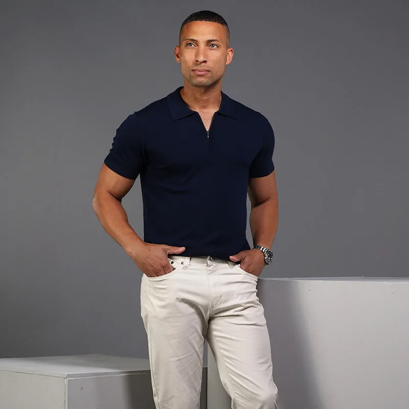 Navy Venetian Merino Zip Polo