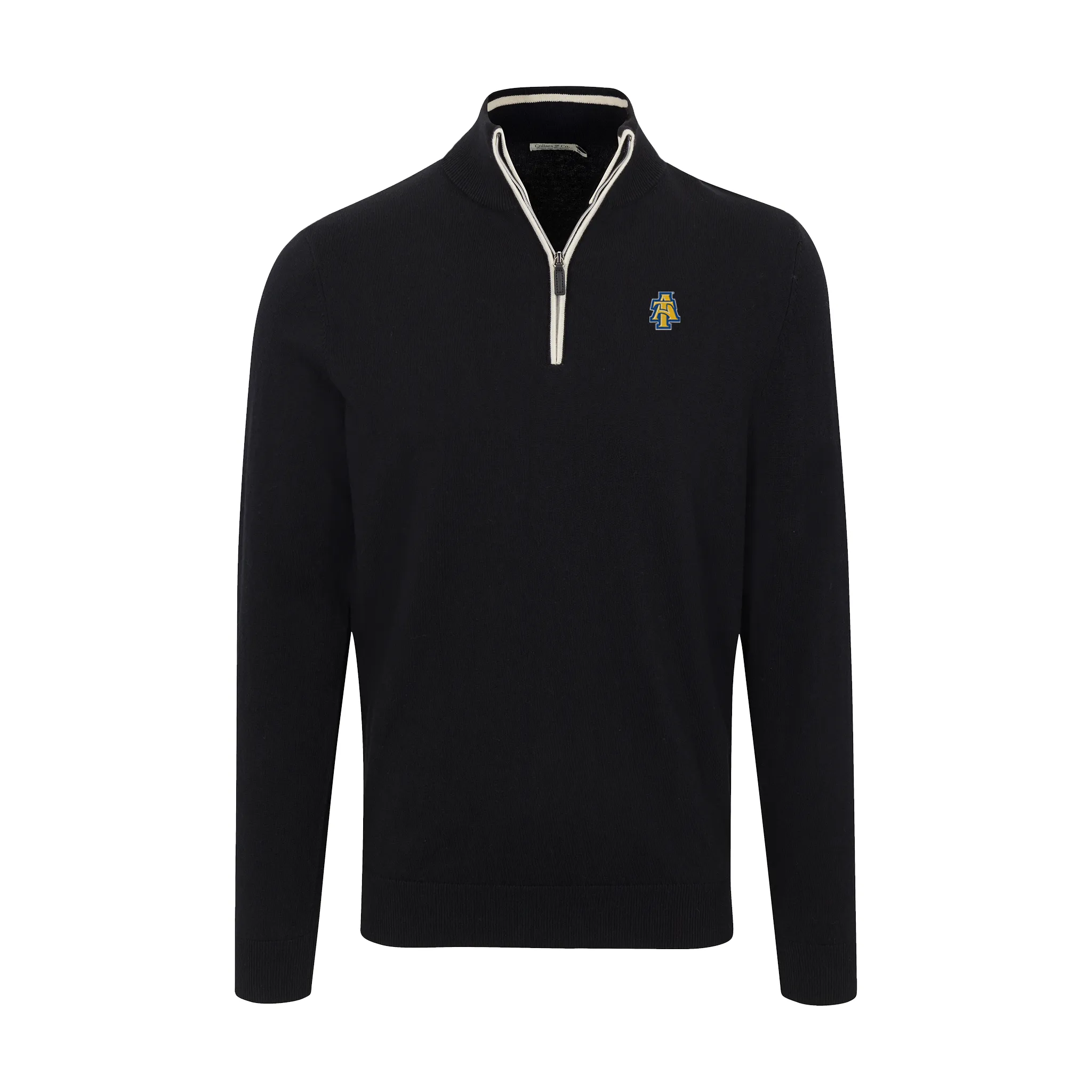 North Carolina A&T Black with White Trim Luxury Touch Cotton and Cashmere Quarter Zip Sweater