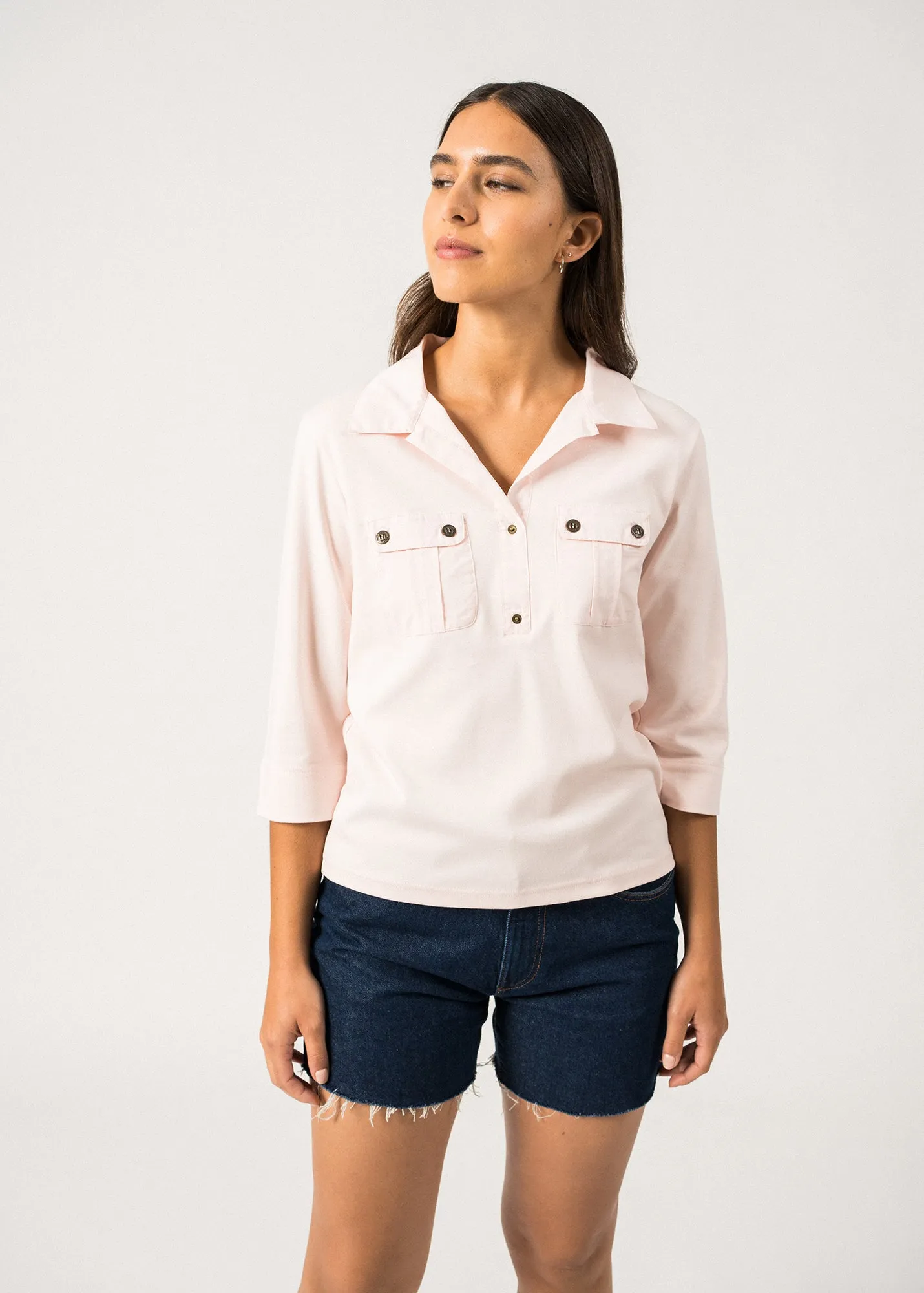 OLERON - Polo Shirt with ¾ Sleeve | 100% Cotton | Comfort Fit (LIGHT PINK)