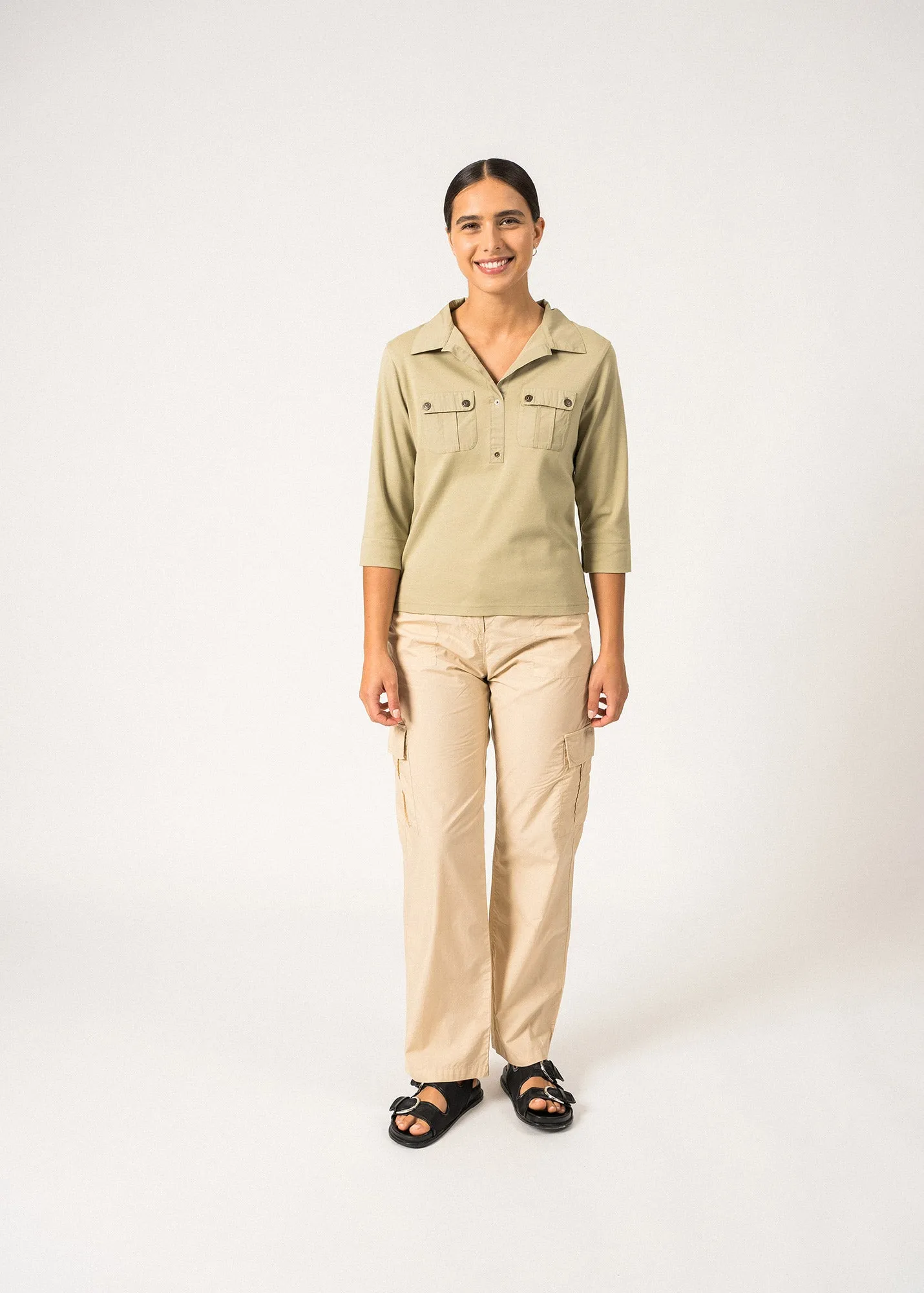 OLERON - Polo Shirt with ¾ Sleeve | 100% Cotton | Comfort Fit (SOFT ALMOND)