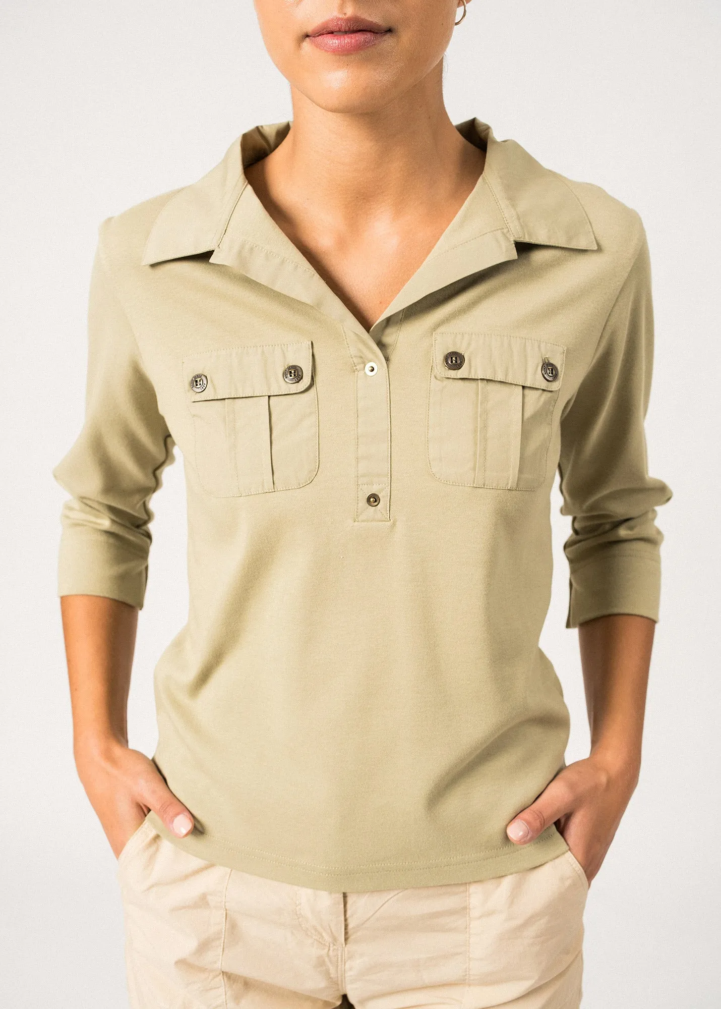 OLERON - Polo Shirt with ¾ Sleeve | 100% Cotton | Comfort Fit (SOFT ALMOND)