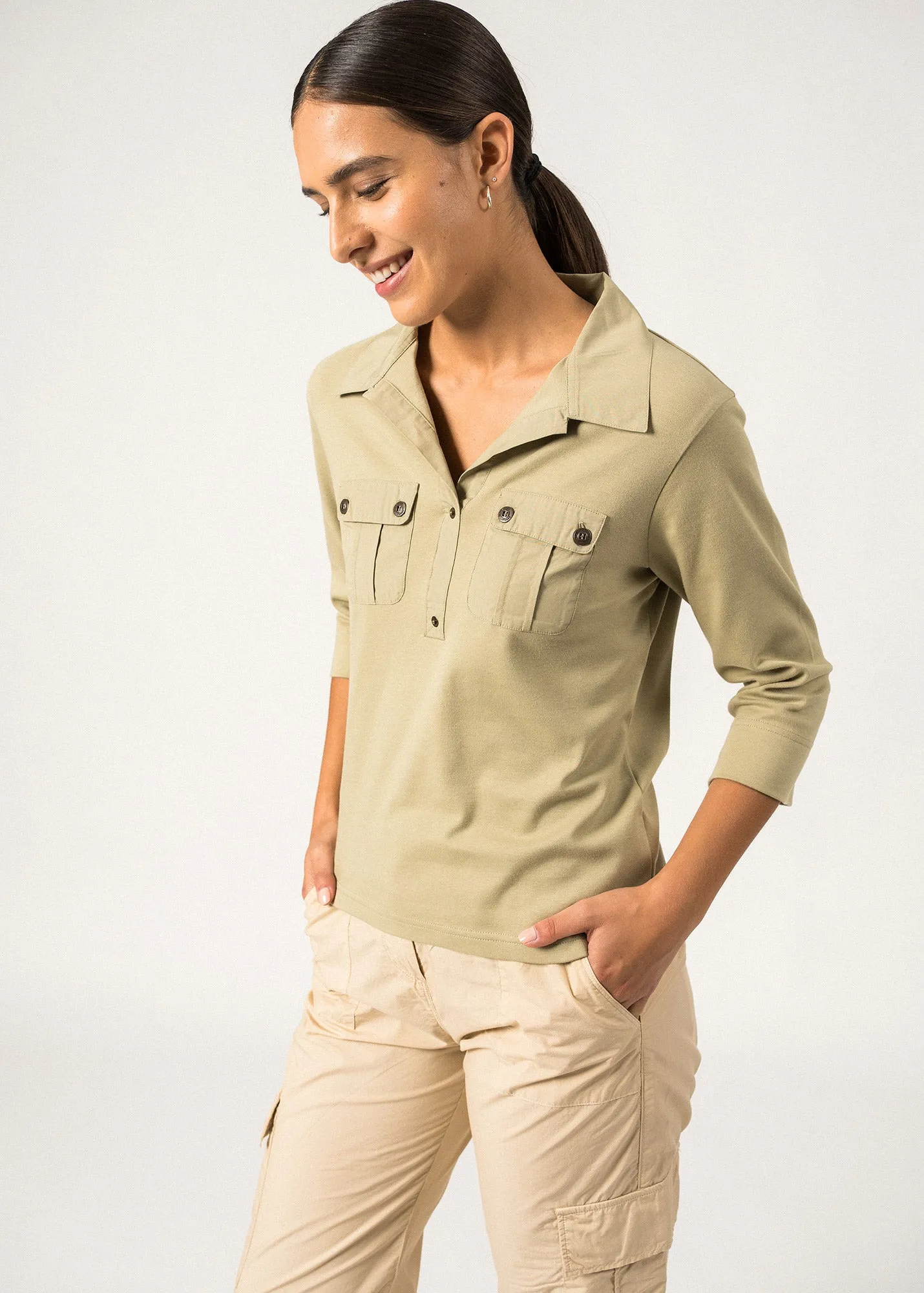 OLERON - Polo Shirt with ¾ Sleeve | 100% Cotton | Comfort Fit (SOFT ALMOND)