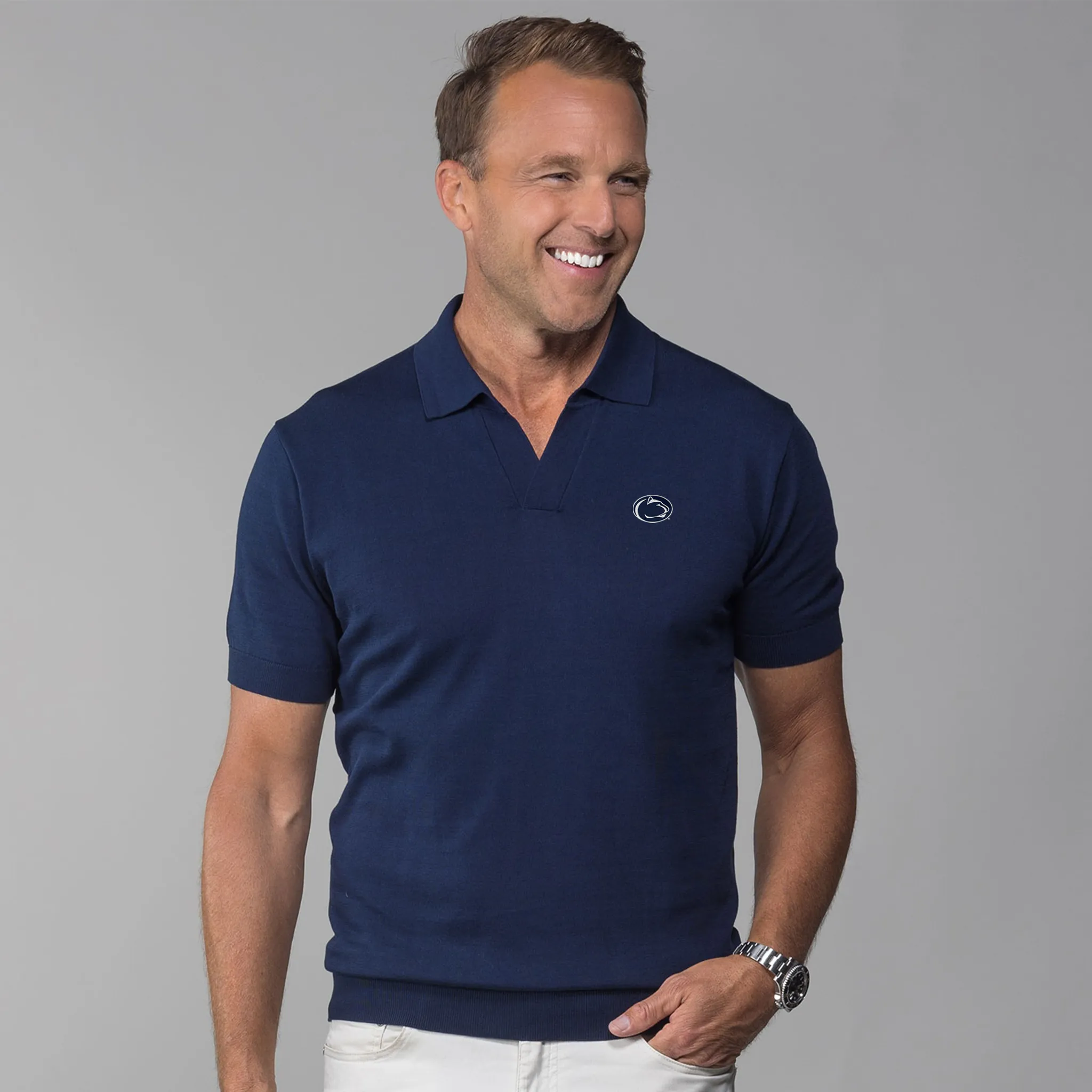 Penn State Maranello Cotton & Silk Buttonless Polo Navy - Tailored Fit