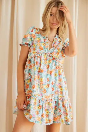 Print Mini Dress Short Sleeve V Neck