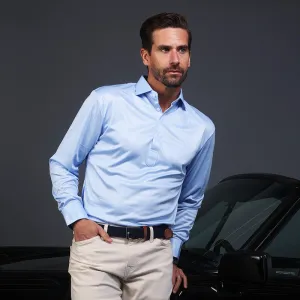 Semi-Spread Collar Polo Long Sleeve Blue Houndstooth