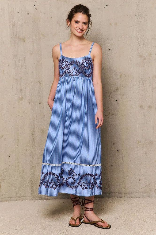 Stella Forest Nuria Embroidered Blue Stripe Dress