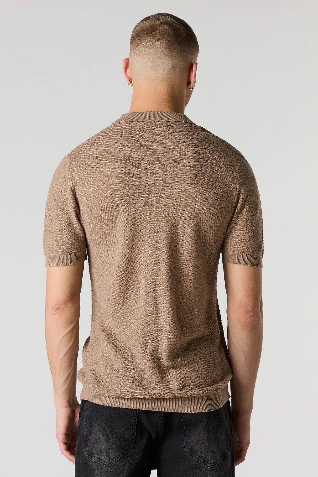 Textured Knit Zipper Polo Top