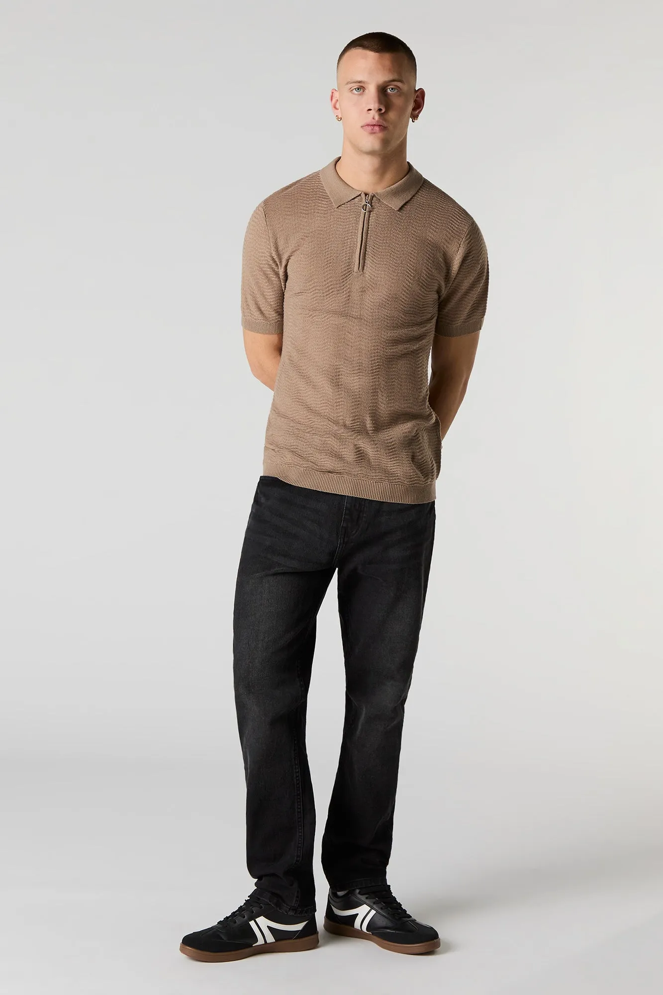 Textured Knit Zipper Polo Top
