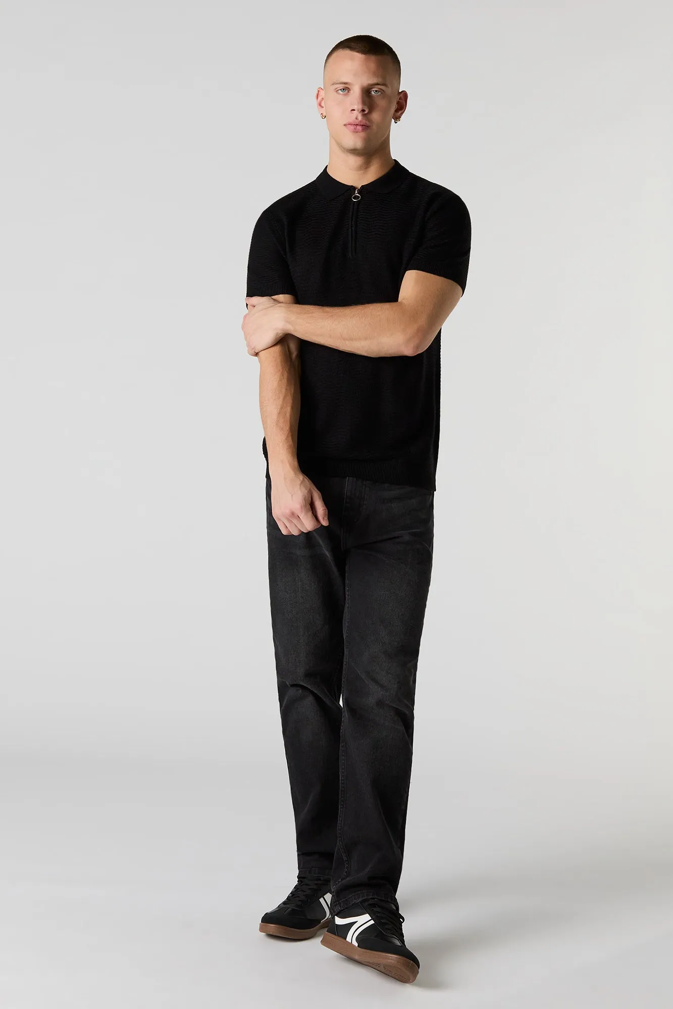 Textured Knit Zipper Polo Top