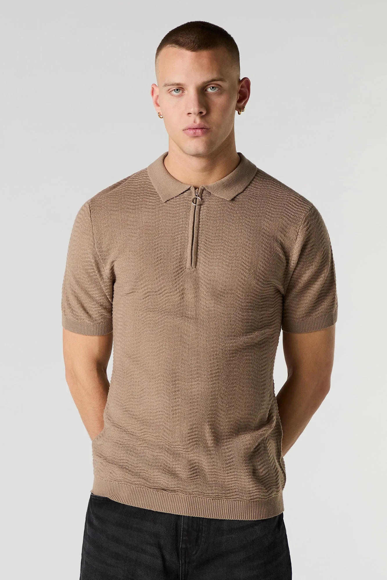 Textured Knit Zipper Polo Top