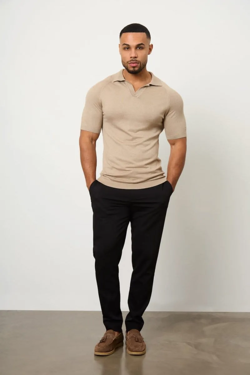 Textured Open Collar Knitted Polo Shirt in Stone
