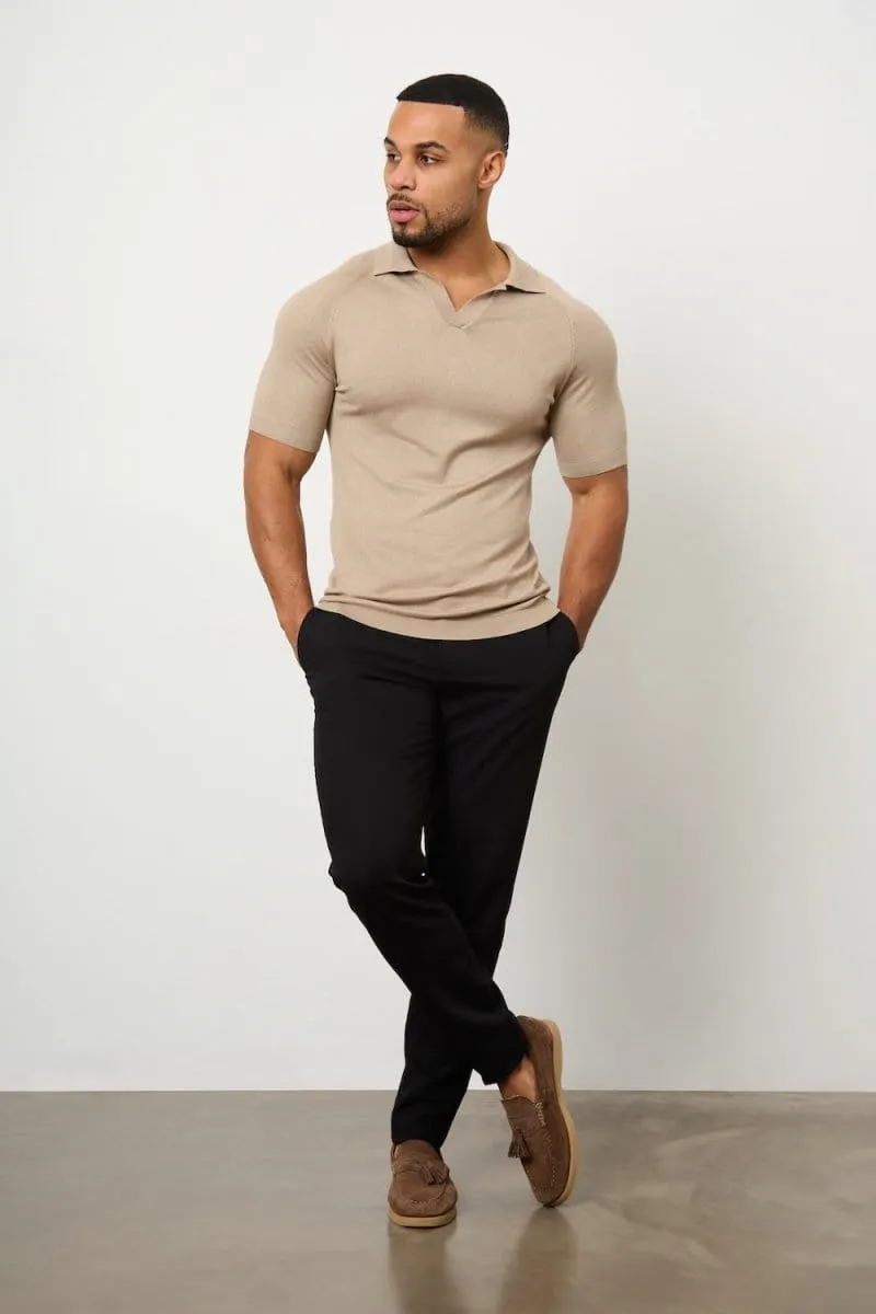 Textured Open Collar Knitted Polo Shirt in Stone