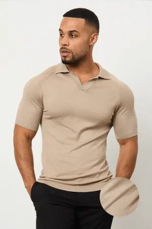 Textured Open Collar Knitted Polo Shirt in Stone