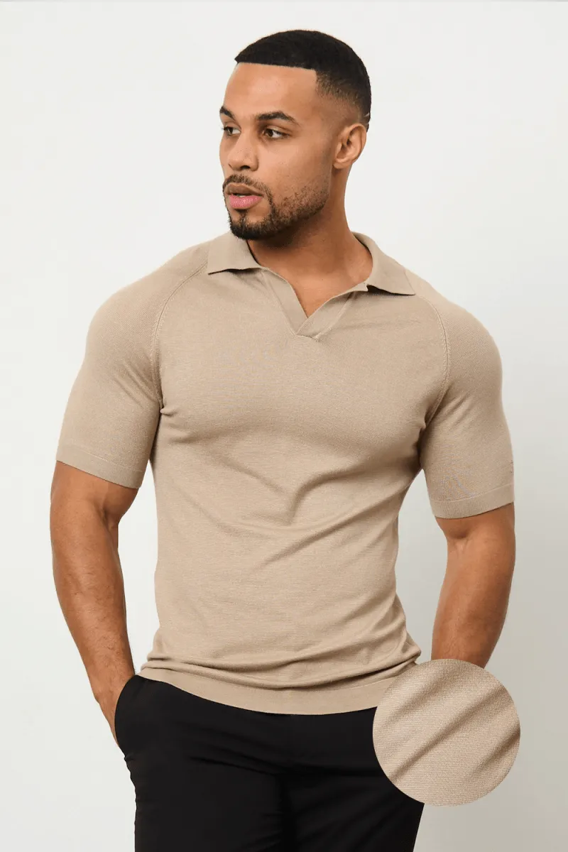 Textured Open Collar Knitted Polo Shirt in Stone