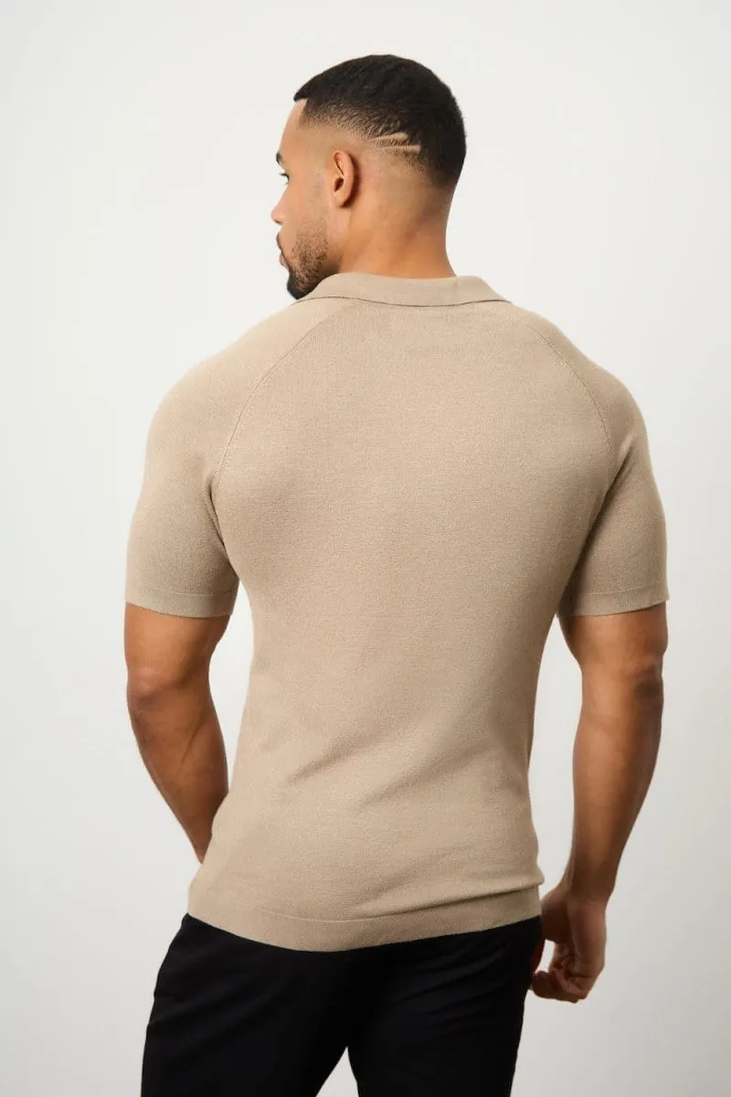 Textured Open Collar Knitted Polo Shirt in Stone
