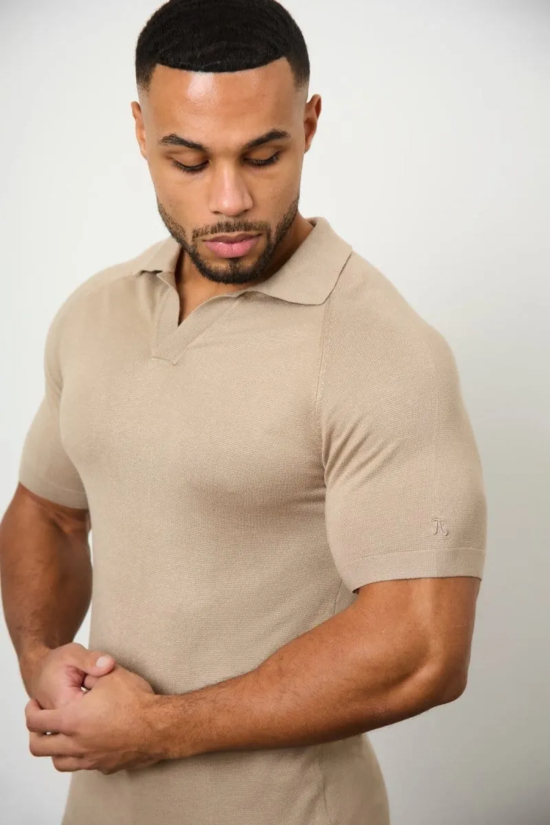 Textured Open Collar Knitted Polo Shirt in Stone