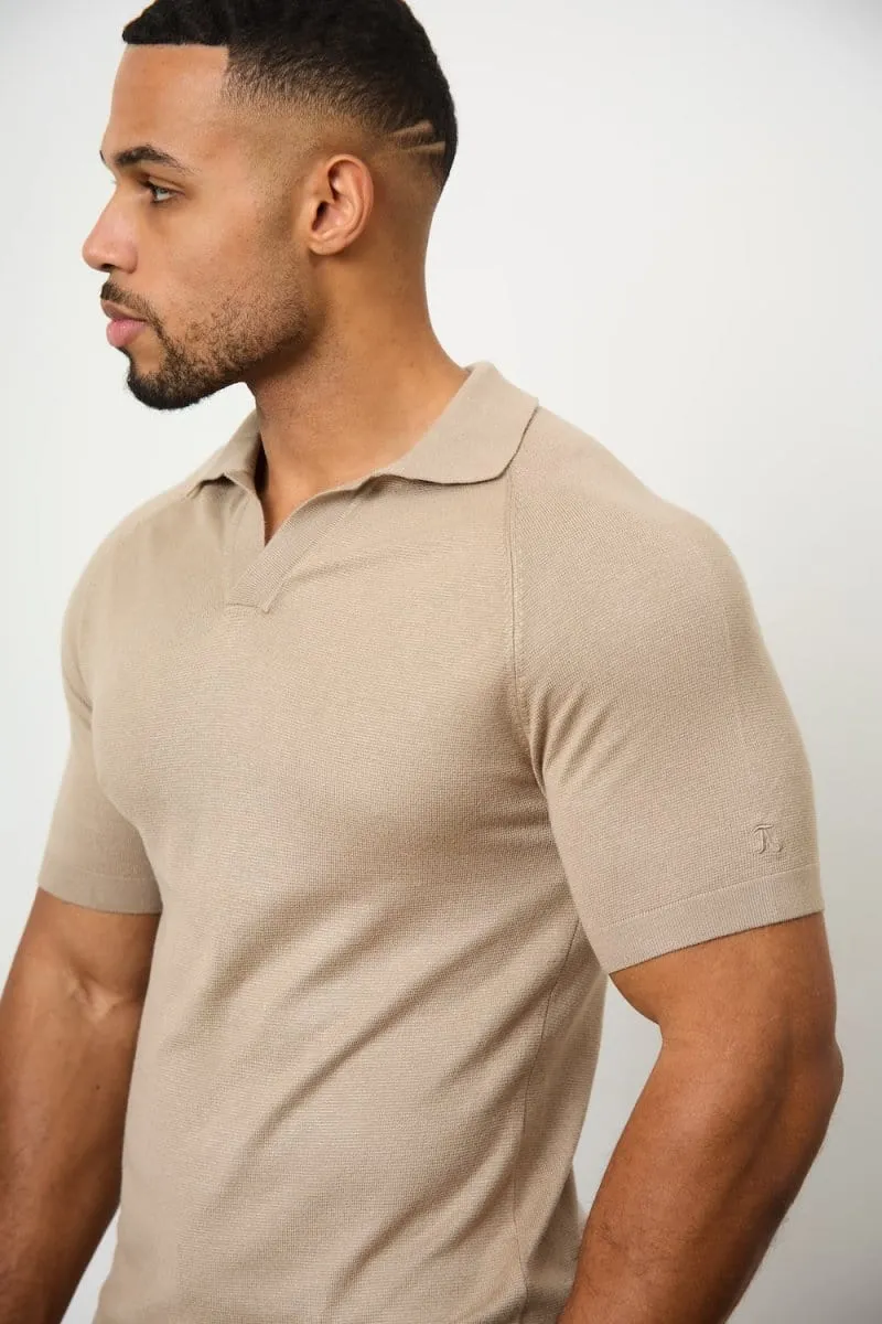 Textured Open Collar Knitted Polo Shirt in Stone