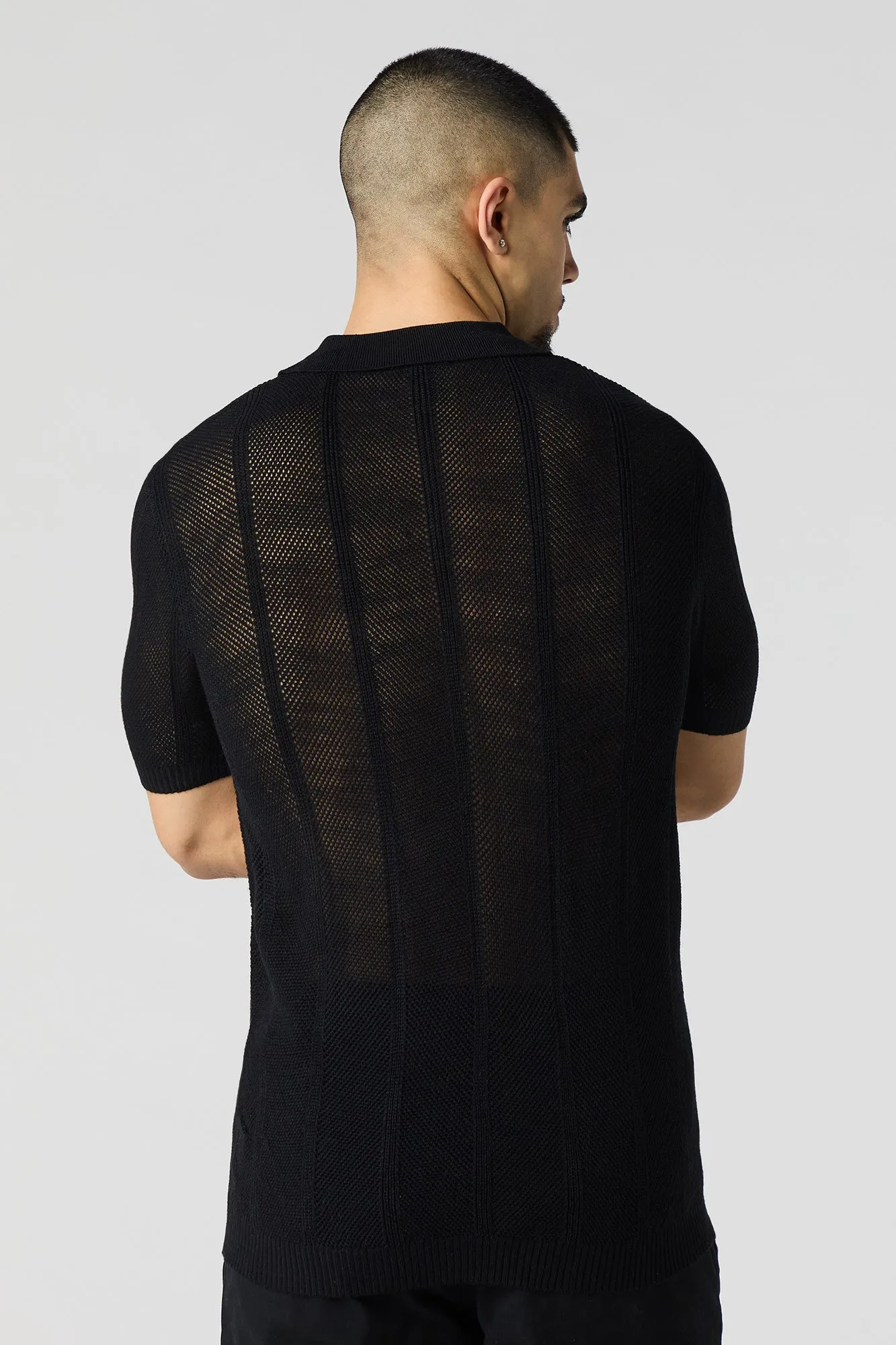 Textured Open Knit Polo T-Shirt