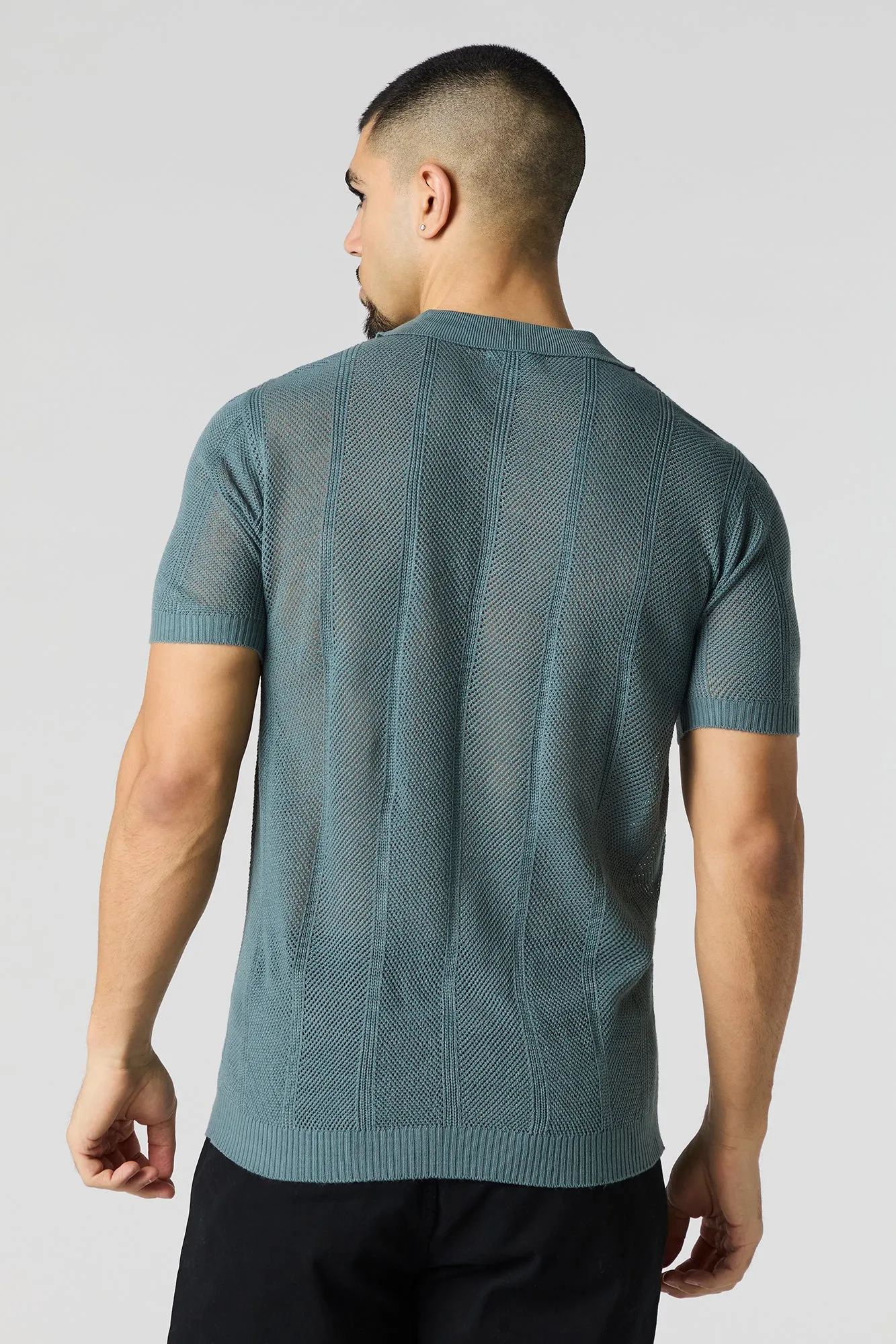 Textured Open Knit Polo T-Shirt