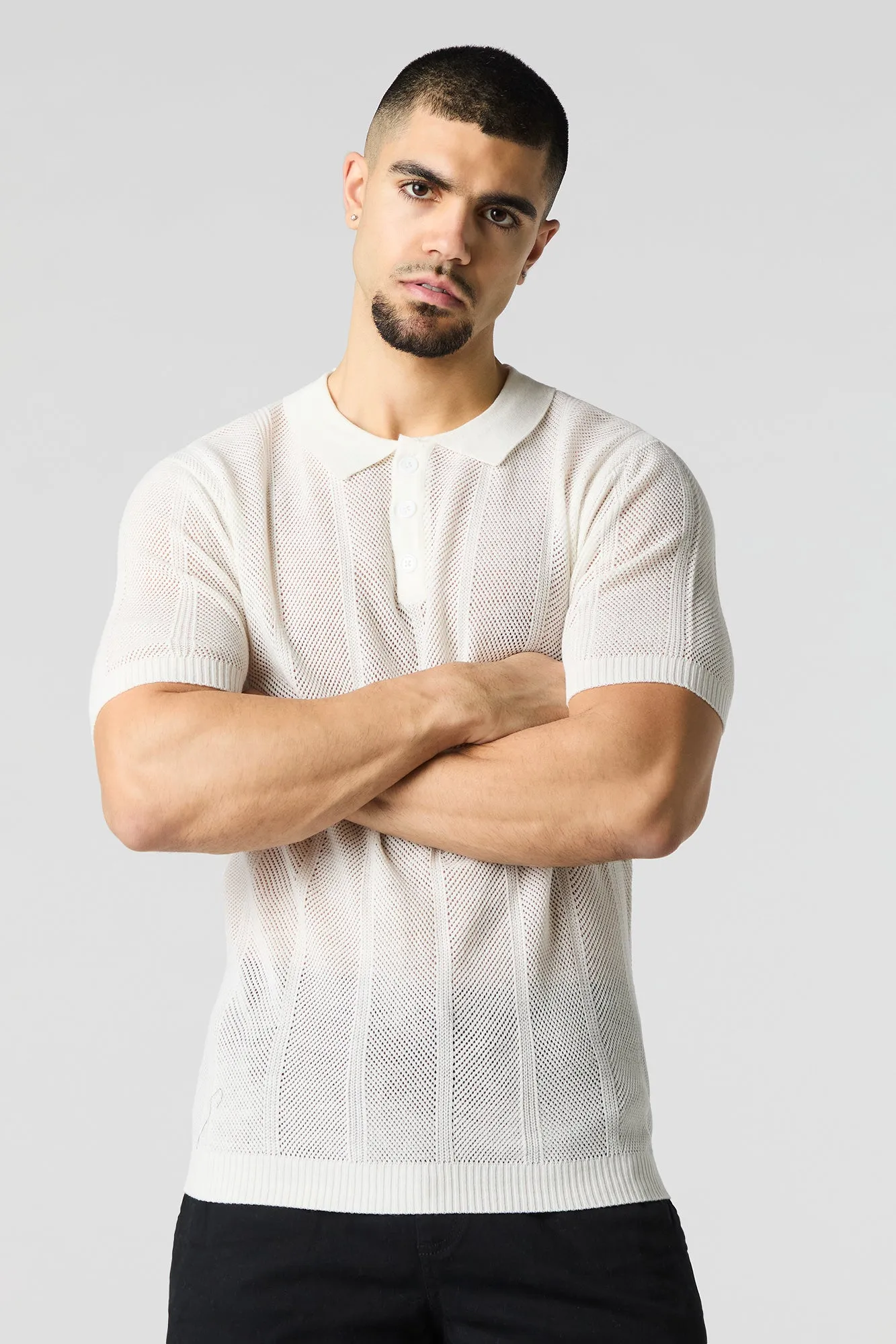 Textured Open Knit Polo T-Shirt