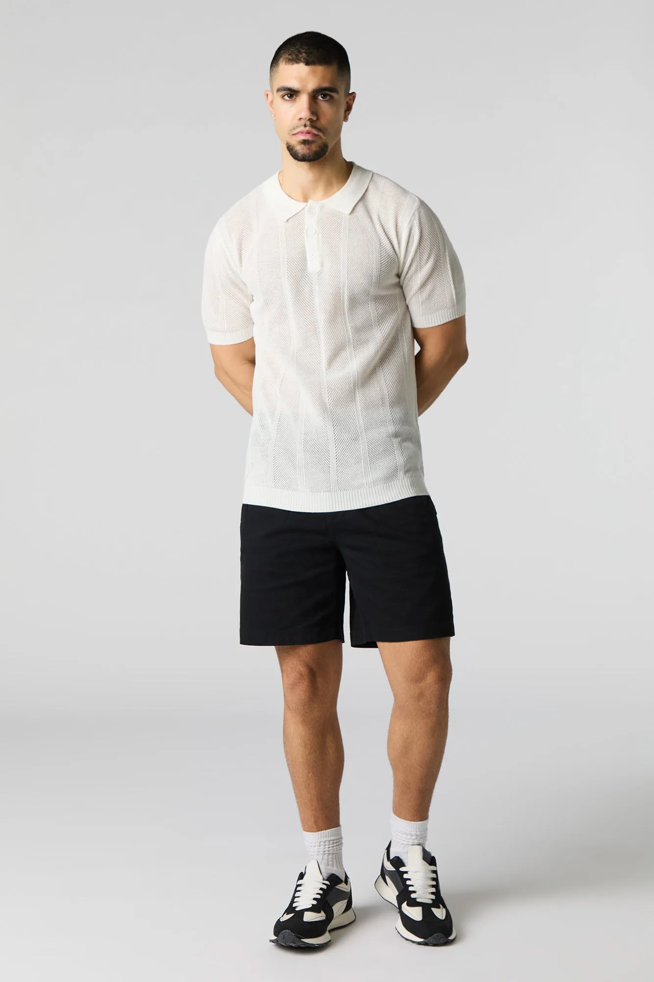 Textured Open Knit Polo T-Shirt
