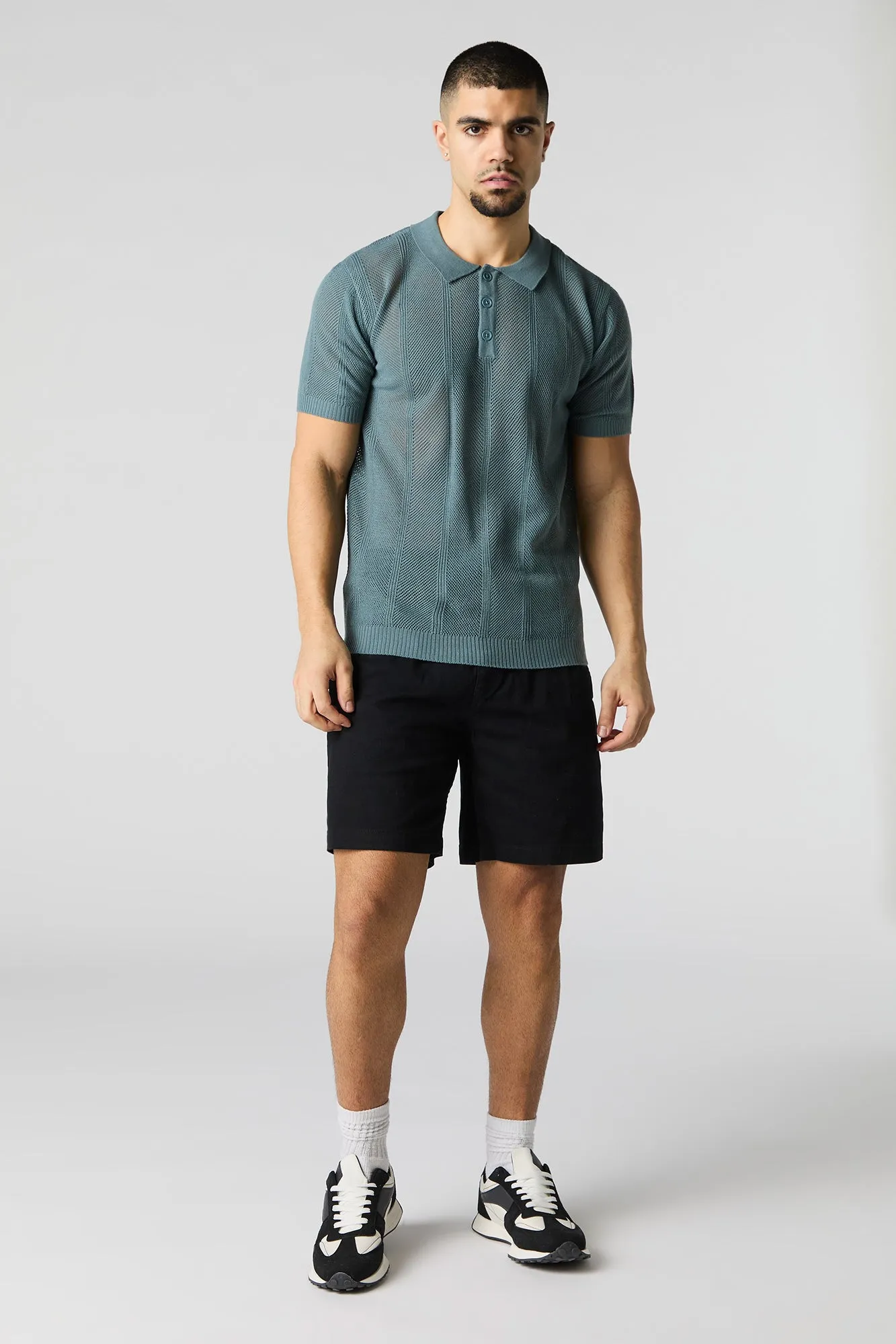 Textured Open Knit Polo T-Shirt