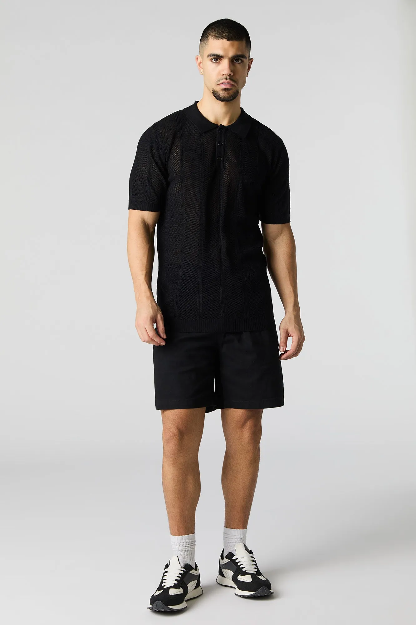 Textured Open Knit Polo T-Shirt