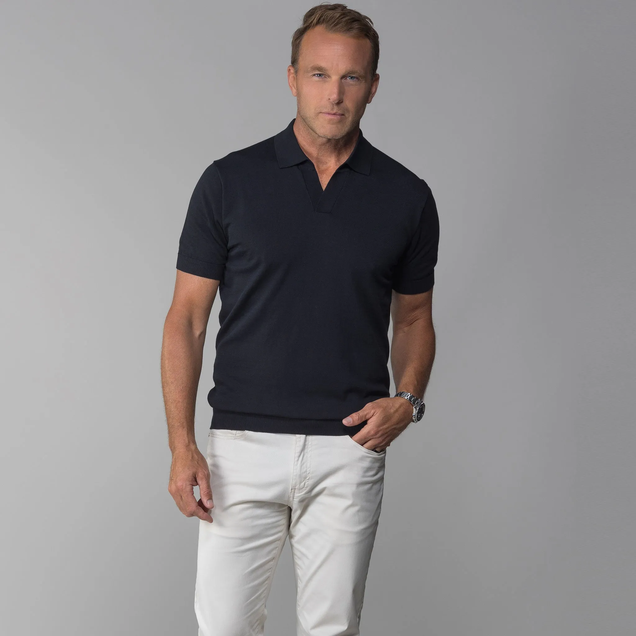 The Maranello Cotton & Silk Buttonless Polo Black - Tailored Fit