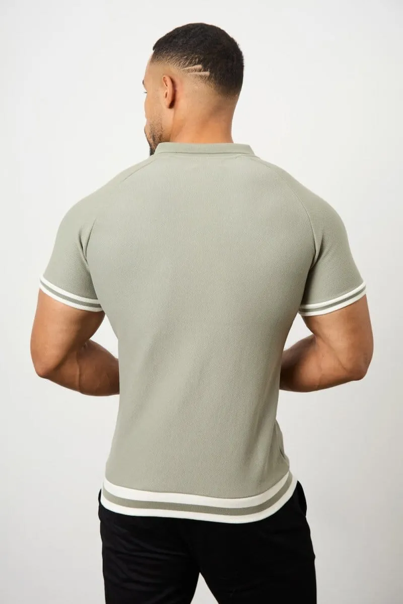 Tipped Textured Open Collar Polo Shirt in Soft Khaki