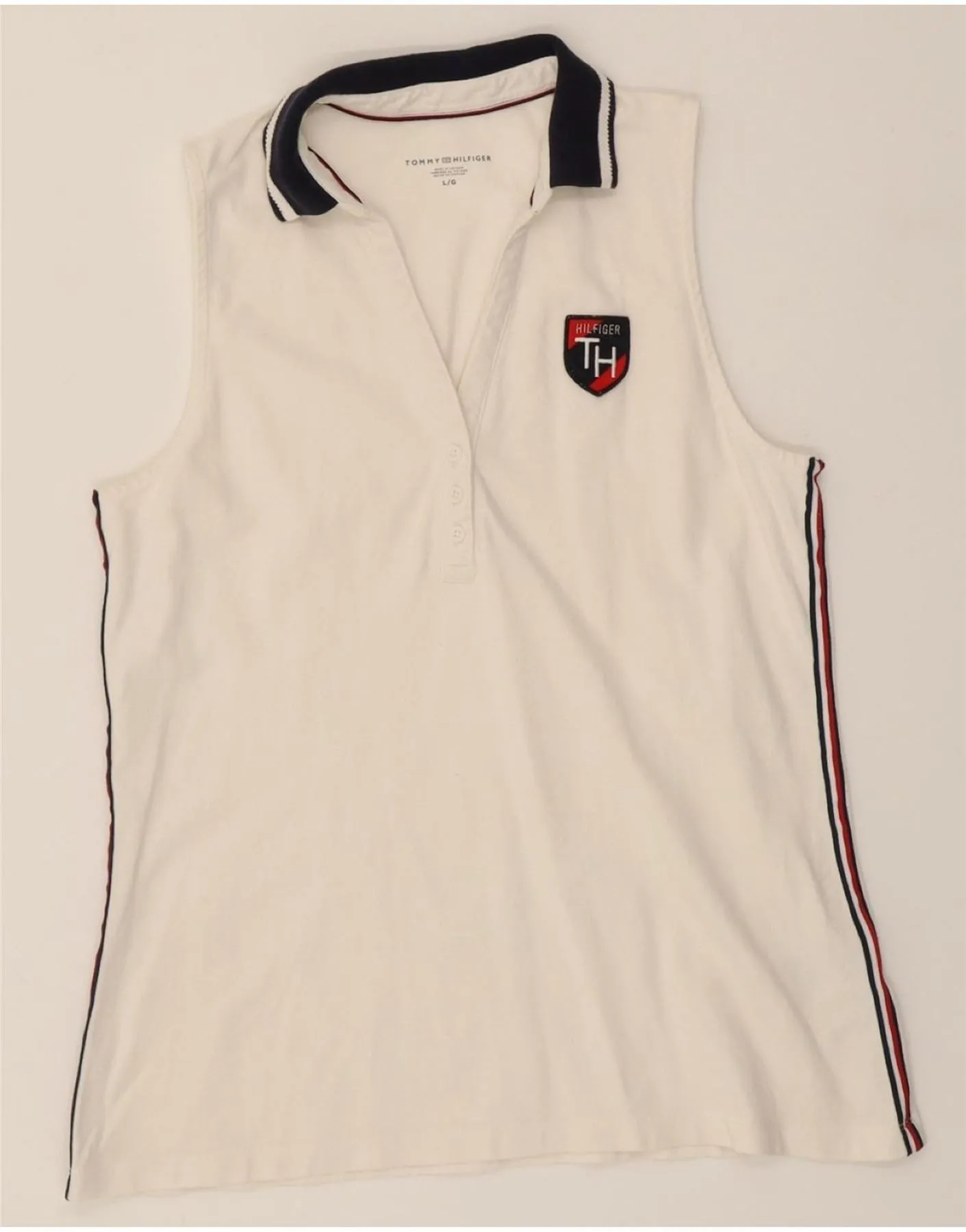 TOMMY HILFIGER Womens Sleeveless Polo Shirt UK 14 Large White Cotton