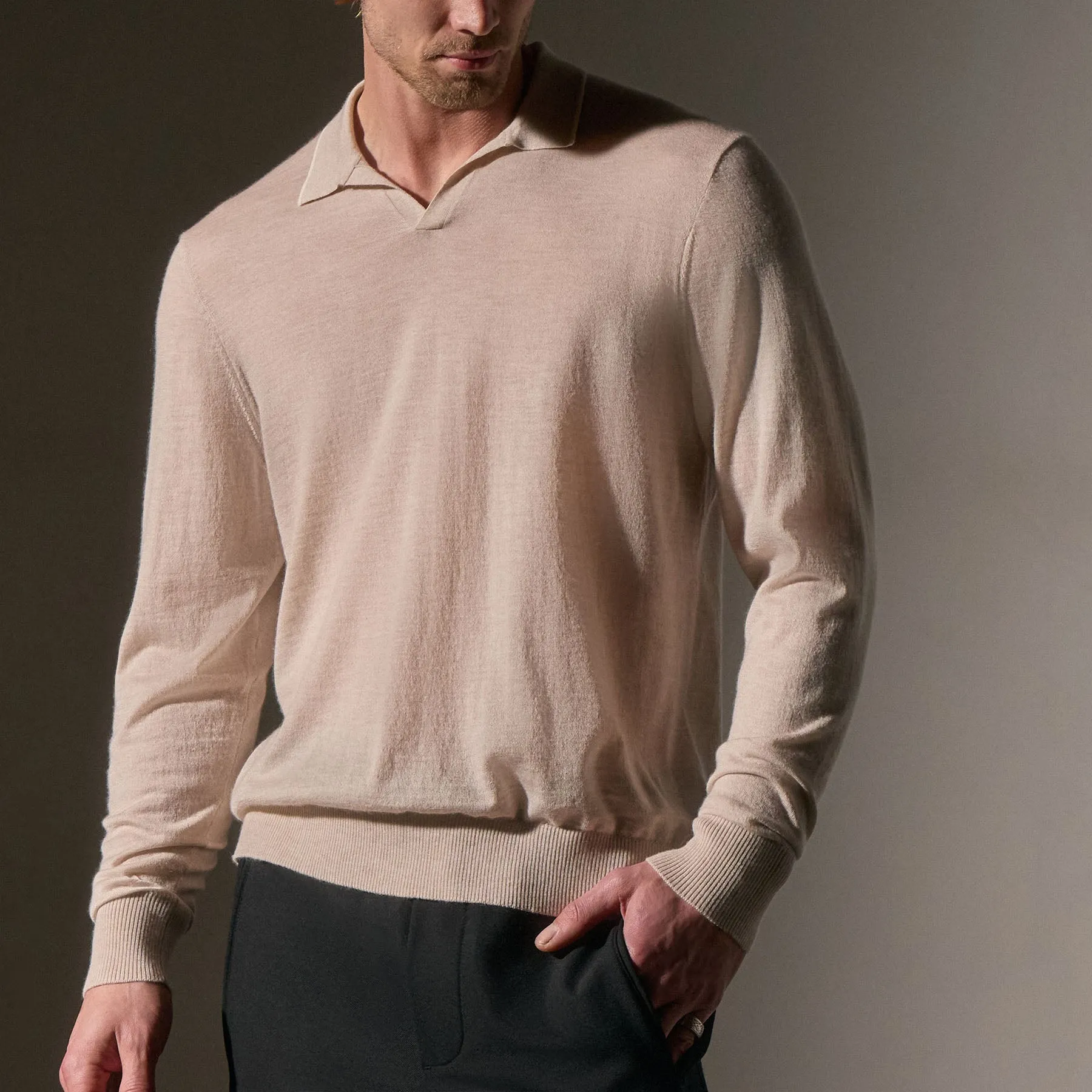 Ultrafine Cashmere Tipped Open Polo - Balsa/Ivory