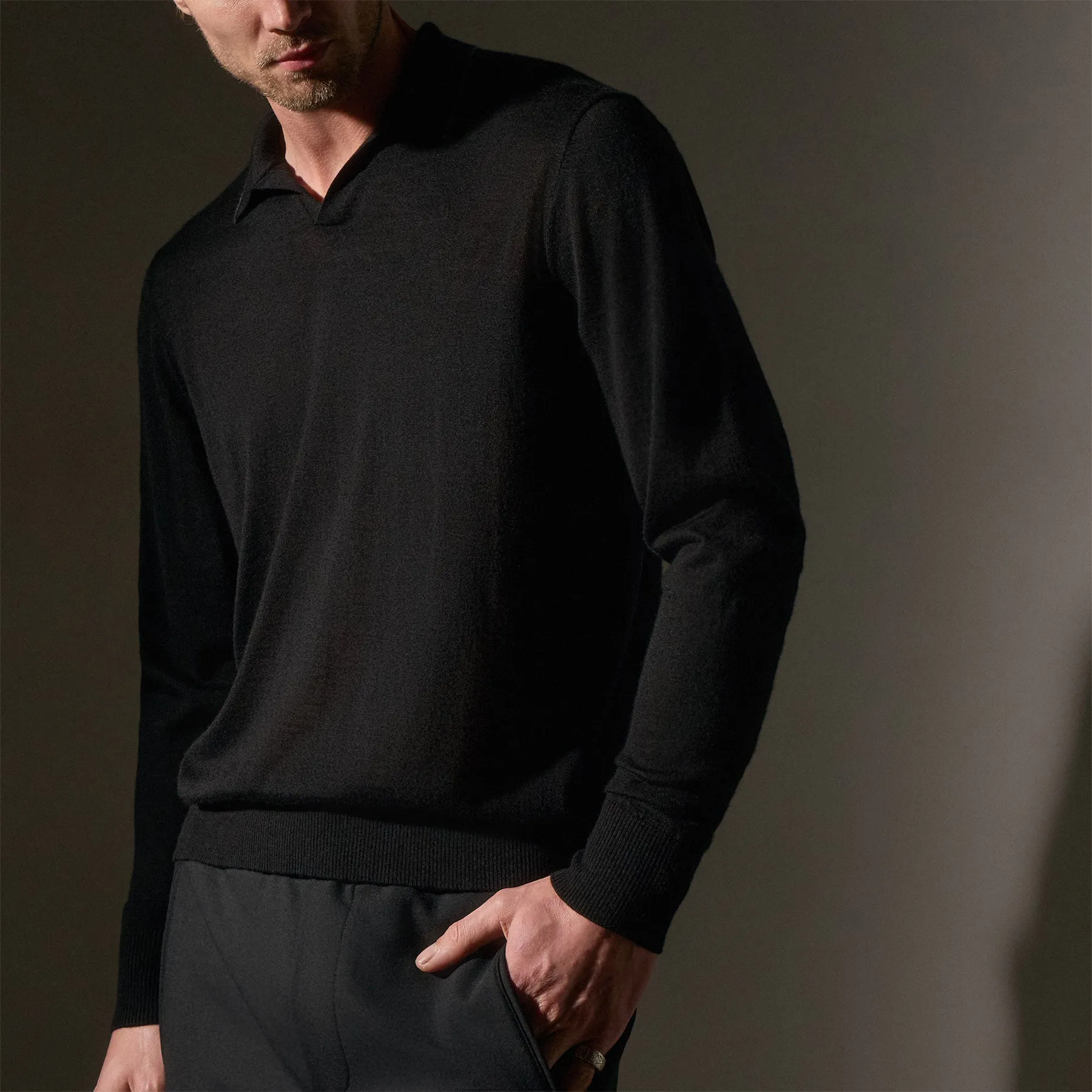 Ultrafine Cashmere Tipped Open Polo - Black/Charcoal