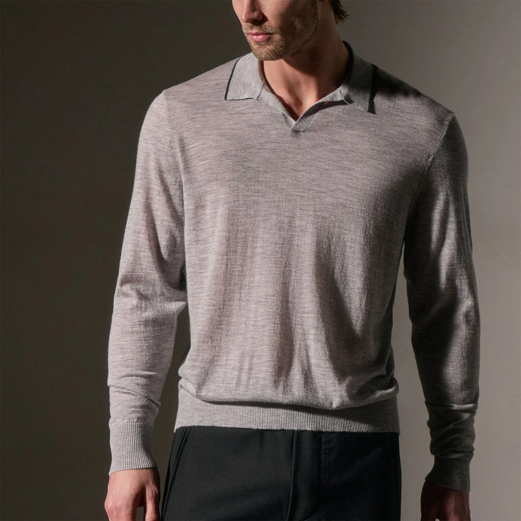 Ultrafine Cashmere Tipped Open Polo - Light Heather Grey/Coal