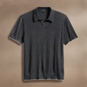Ultrafine Cashmere Tipped Polo - Coal/Light Heather Grey