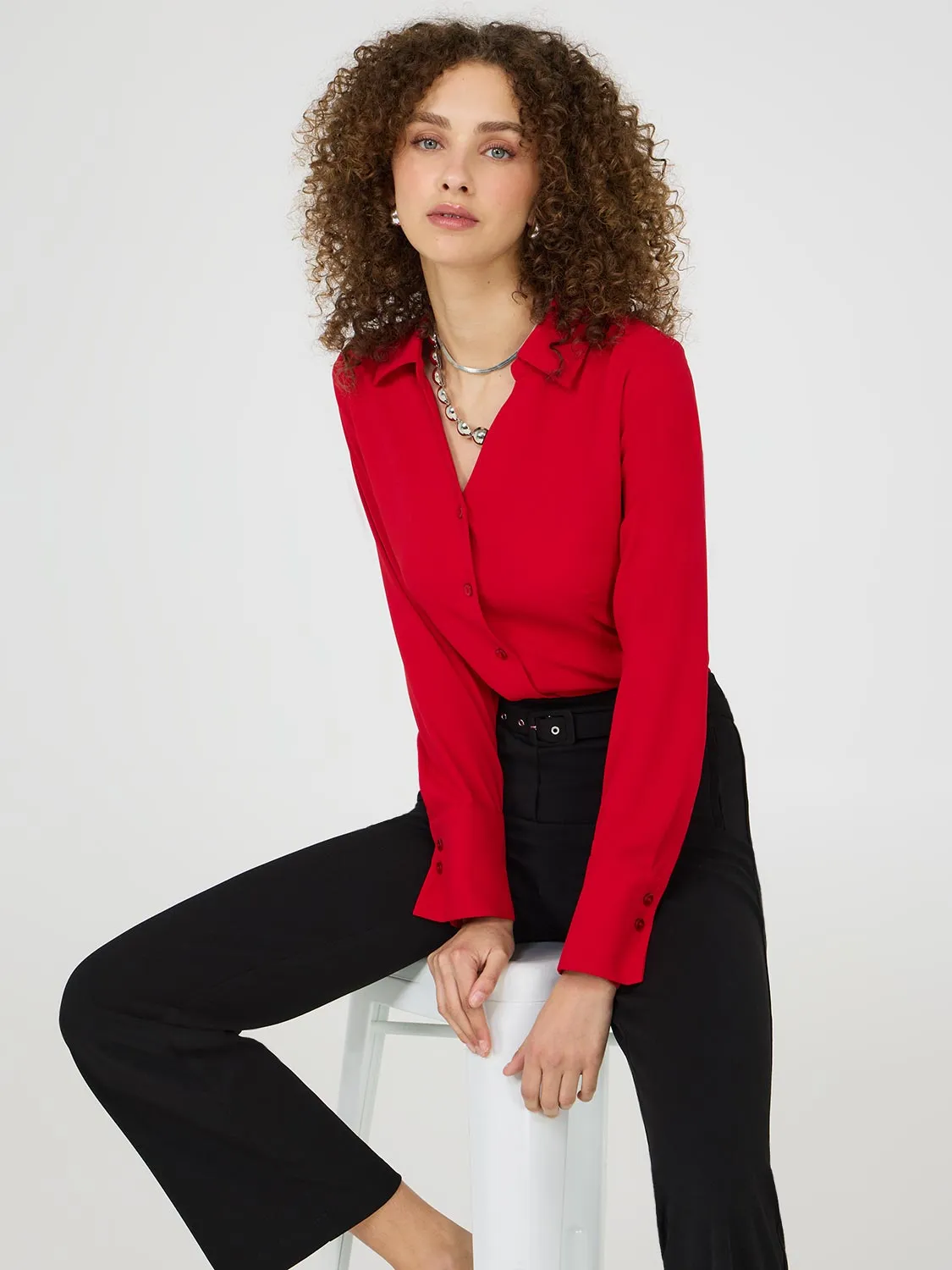 V-Neck Button-Front Blouse