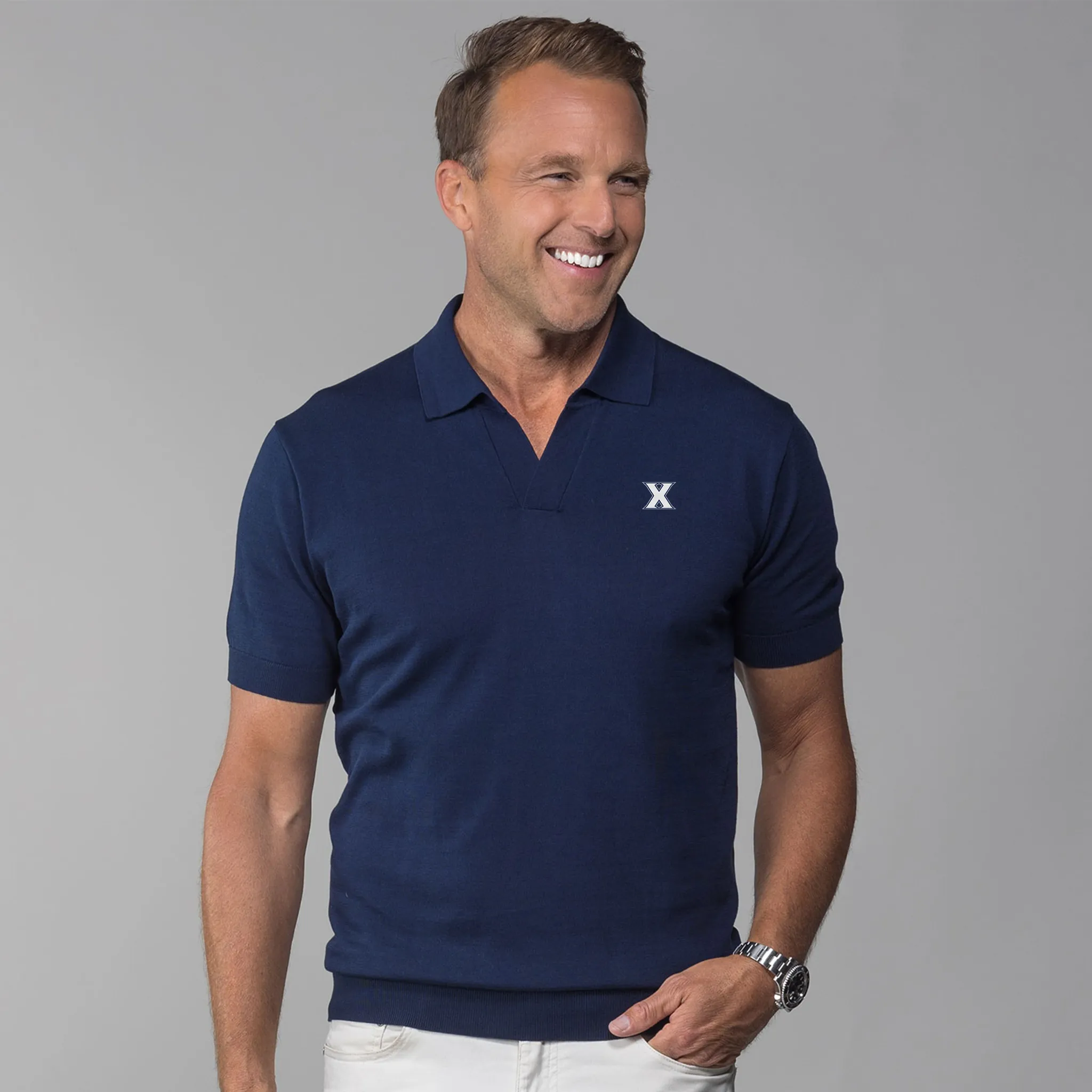 Xavier Maranello Cotton & Silk Buttonless Polo Navy - Tailored Fit