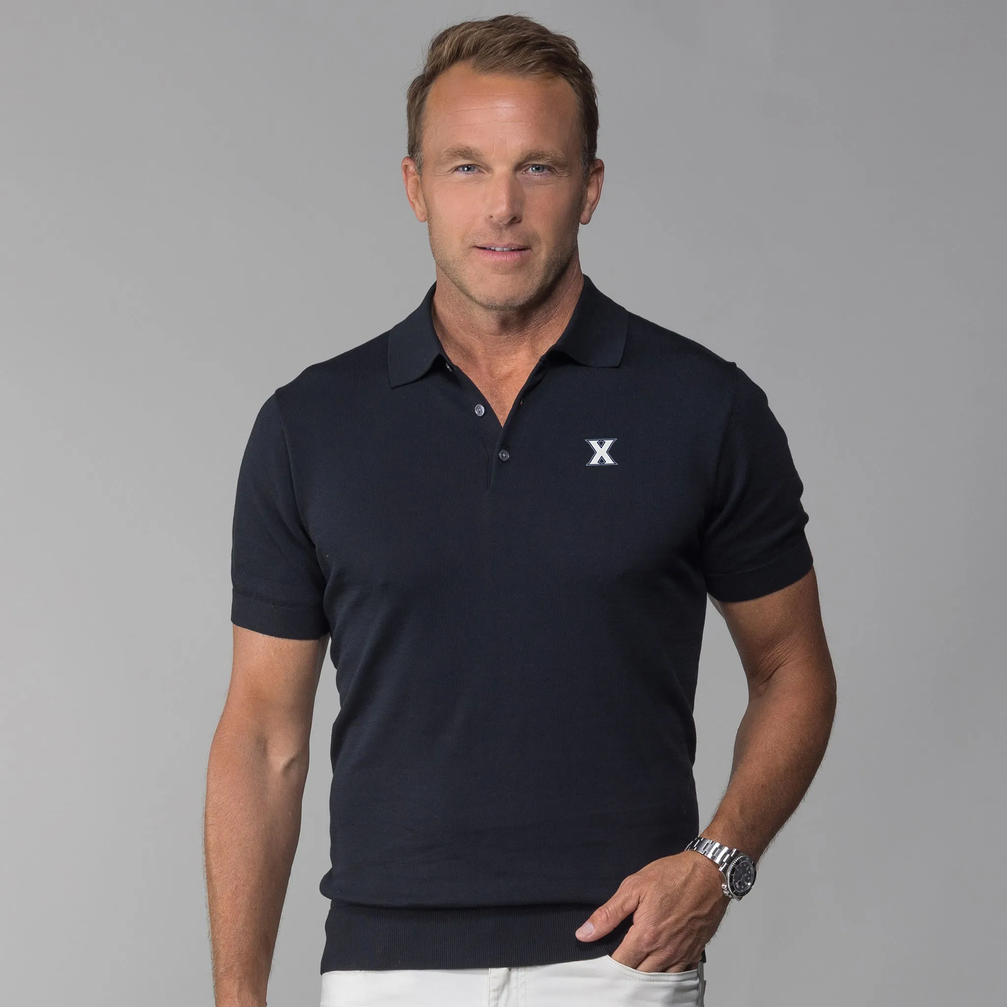 Xavier Maranello Cotton & Silk Three Button Polo Black