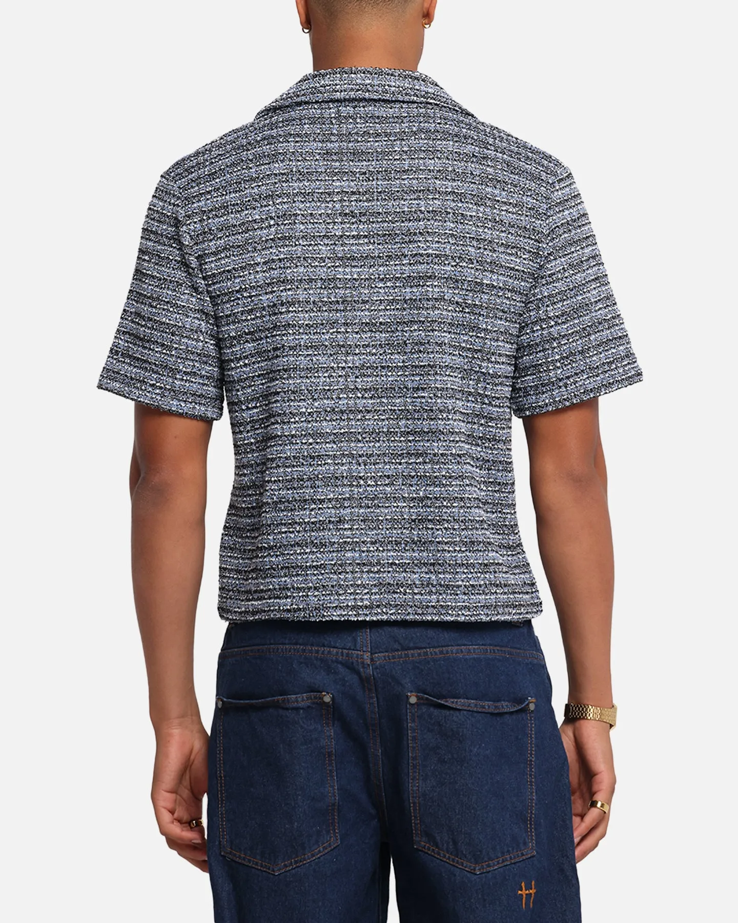 XXIII Boucle Tweed Crop Button Up Shirt Black/White/Blue