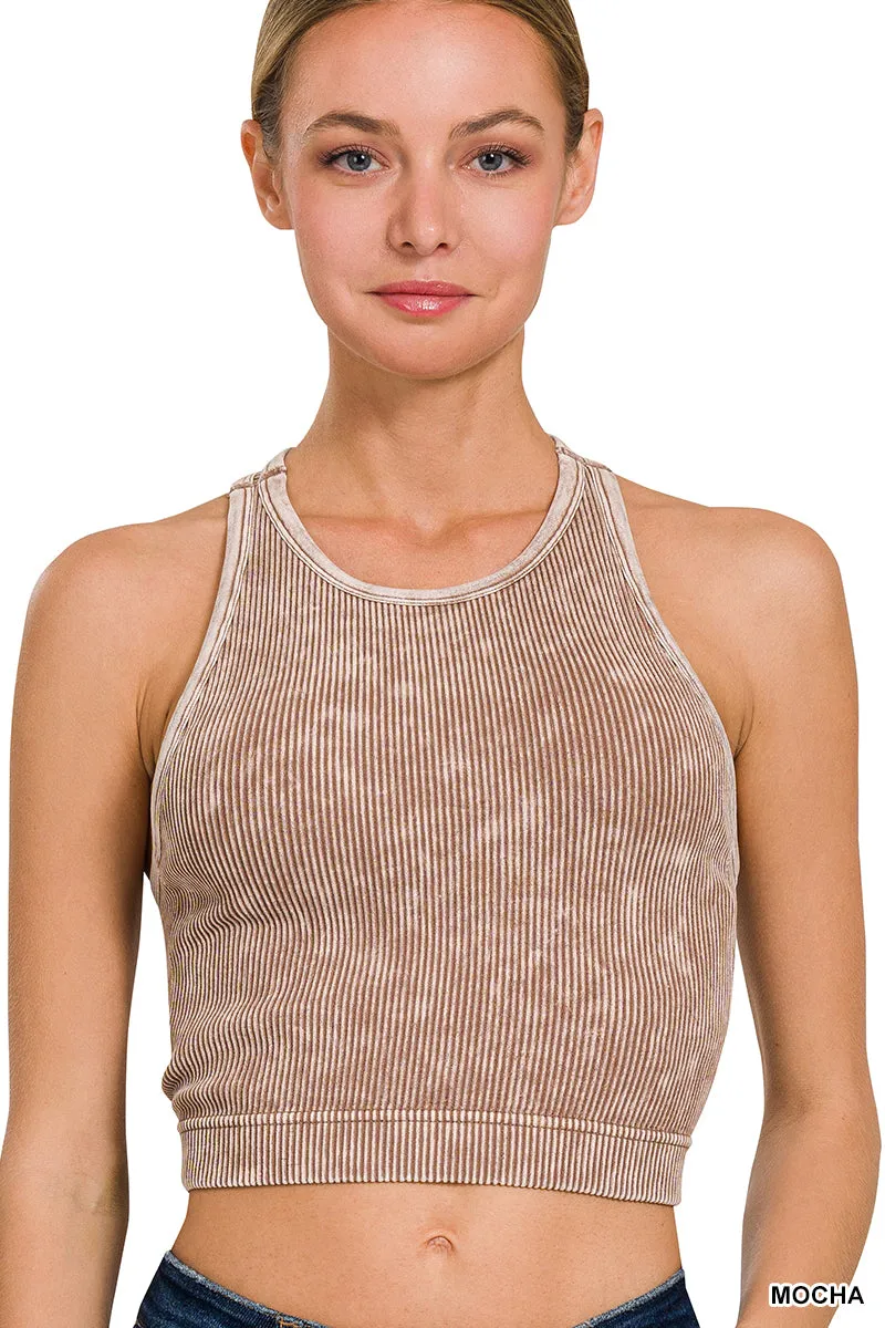 Zenana Padded Mineral Washed Ribbed Racer Crop NTW-6301