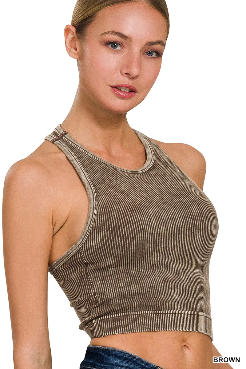 Zenana Padded Mineral Washed Ribbed Racer Crop NTW-6301