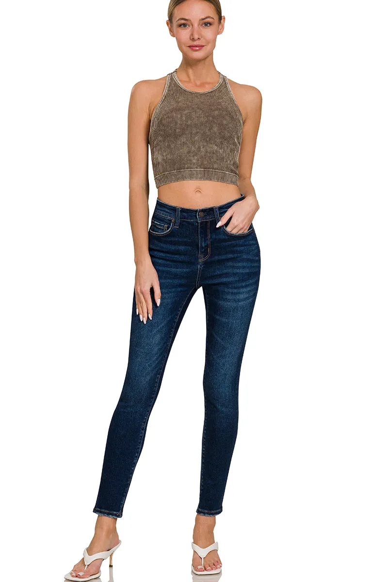 Zenana Padded Mineral Washed Ribbed Racer Crop NTW-6301